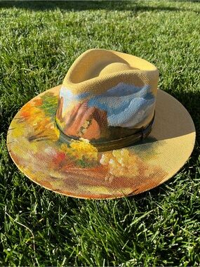 Hand-Painted Yellow Straw Fedora Hat with Landscape Art